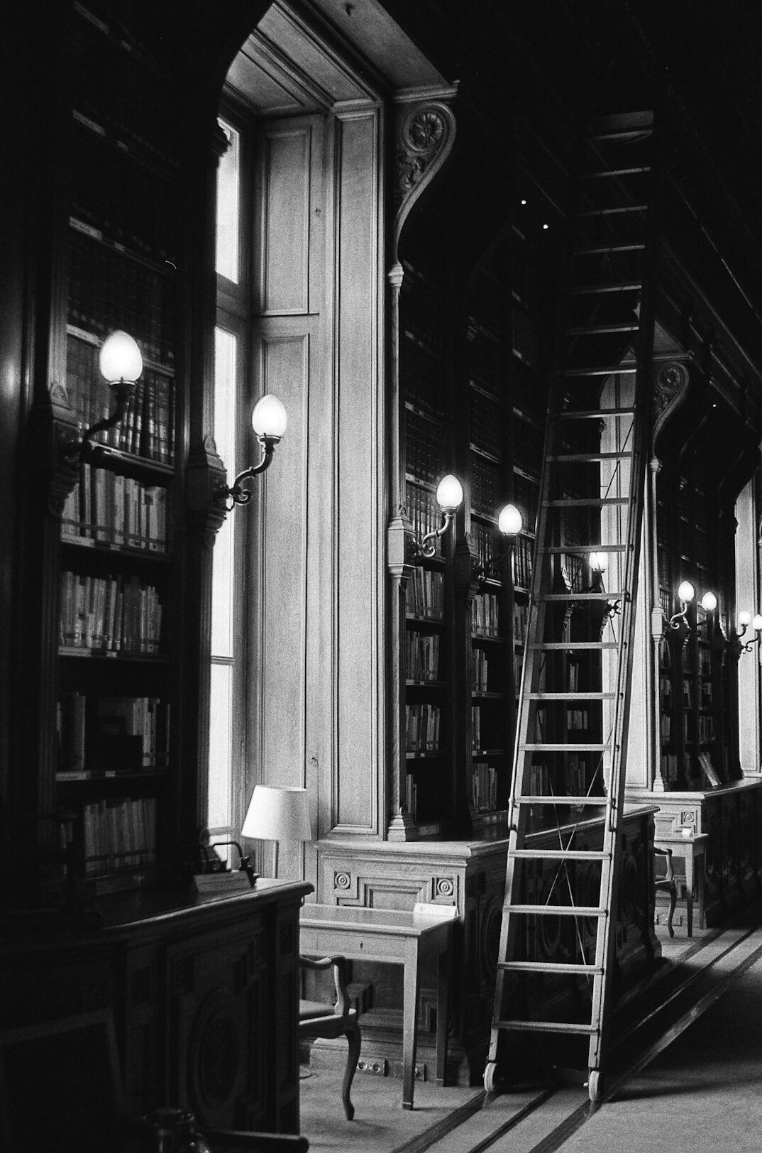 Grand old library with tall bookshelves