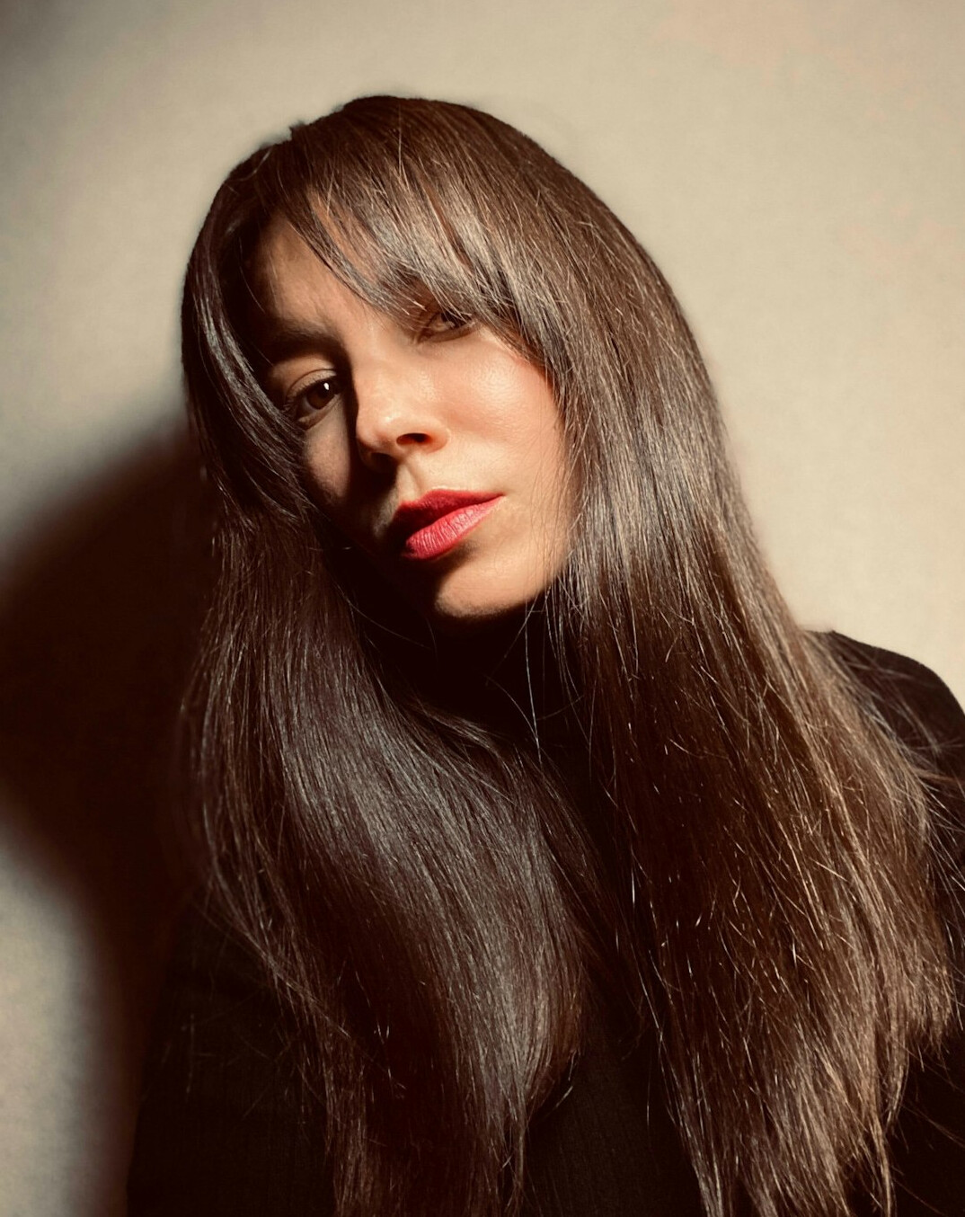 Portrait of a woman with long brown hair